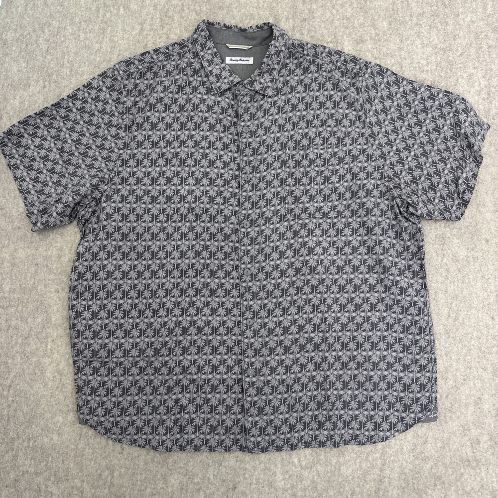 Tommy Bahama Palm Tree Print Camp Shirt Mens XXL Gray  Button Up Tropical